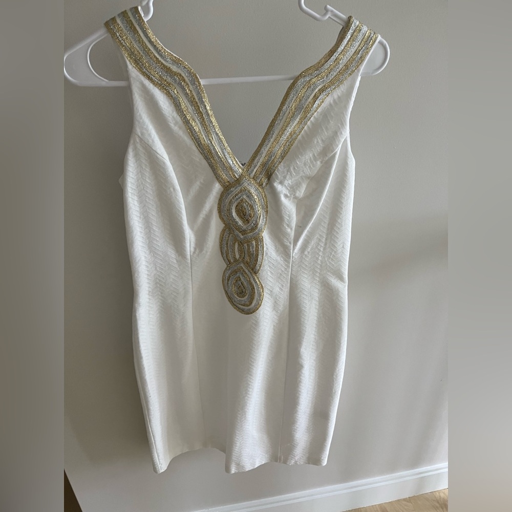White and gold shift dress